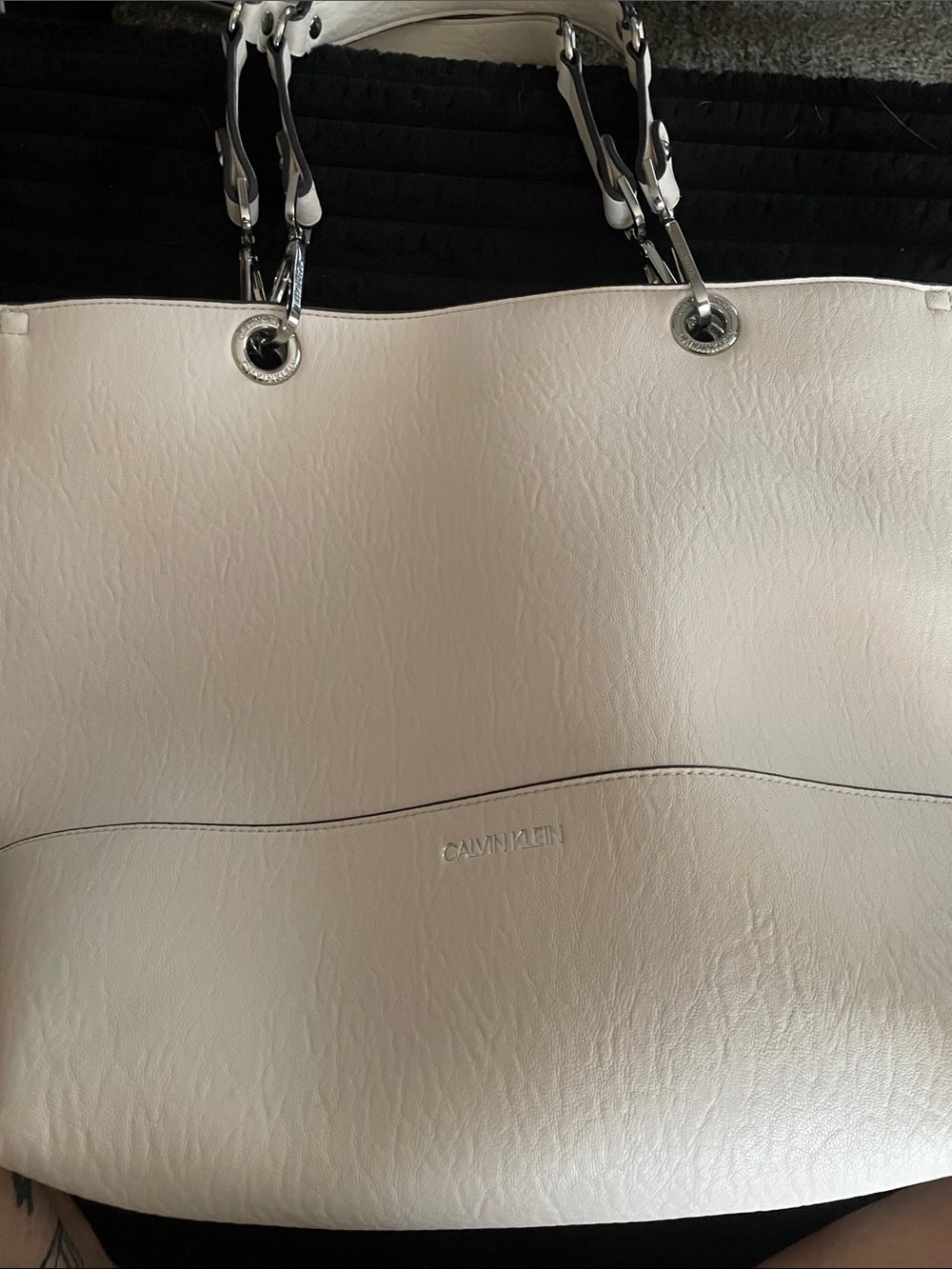 Calvin Klein Cream Shoulder Tote with Silver Hardware